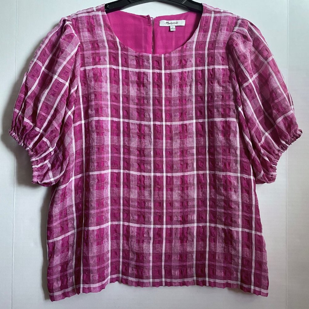 Madewell Pink/White Plaid Short Puff Sleeve Popover Blouse Top in Azalea Plaid S